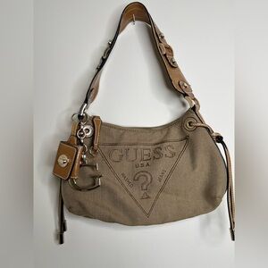 Vintage Y2K Guess Logo Canvas Shoulder Bag Khaki Pink Charm Accent Shoulder Bag